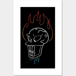 Flaming Fire Frozen Ice Skeleton Skull Posters and Art